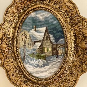 Evening Snow, vintage needle point, Eastern Europe. Plaster cast frame.